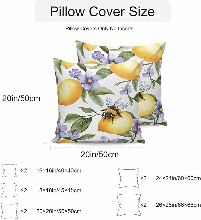 Summer Lemon Waterproof Outdoor Pillow Covers Set of 2 Home Decor, Watercolor Purple Spring Floral Bee Pillowcase Patio Pillow Covers for Couch Bench Furniture Garden 18x18in