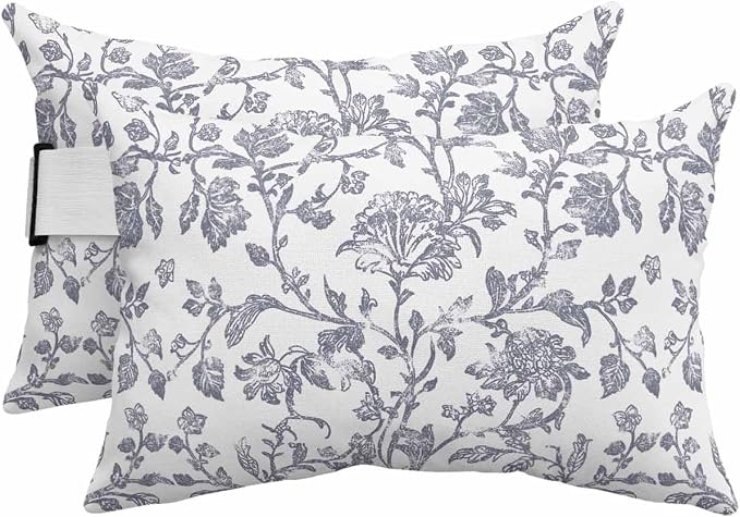 Pack of 2 Outdoor Lumbar Pillow Covers 11x16 Inch, Haze Blue Flower Waterproof Throw Pillow Covers Set, Vintage Farmhouse Boho Leaf Plant Indoor&Outdoor Decorative Cushion Cases for Patio Porch Beach