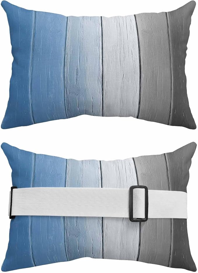 Blue Gray Ombre Outdoor Pillows for Chaise Lounge Chair Beach Headrest Pillow Set of 2 Waterproof Lumbar Pillows with Insert&Strap Vintage Country Wooden Recliner Neck Pillow for Patio Pool 11"x16"