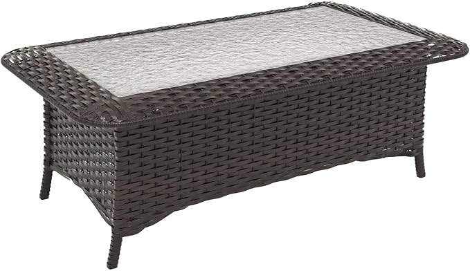 Outdoor Coffee Table with Tempered Glass Top, Wicker Patio Coffee Table Compatible with Patio Furniture Sets for Porch, Deck, Backyard, Brown