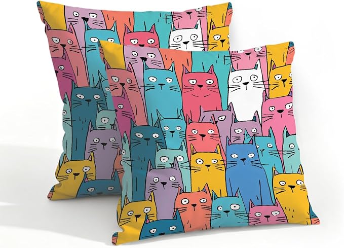 18x18 Inch Outdoor Pillow Covers Set of 2 Waterproof Throw Pillow Covers Decorative Couch Cushion Covers Colorful Cats Pattern Square Pillowcases Protectors for Patio Garden Sofa