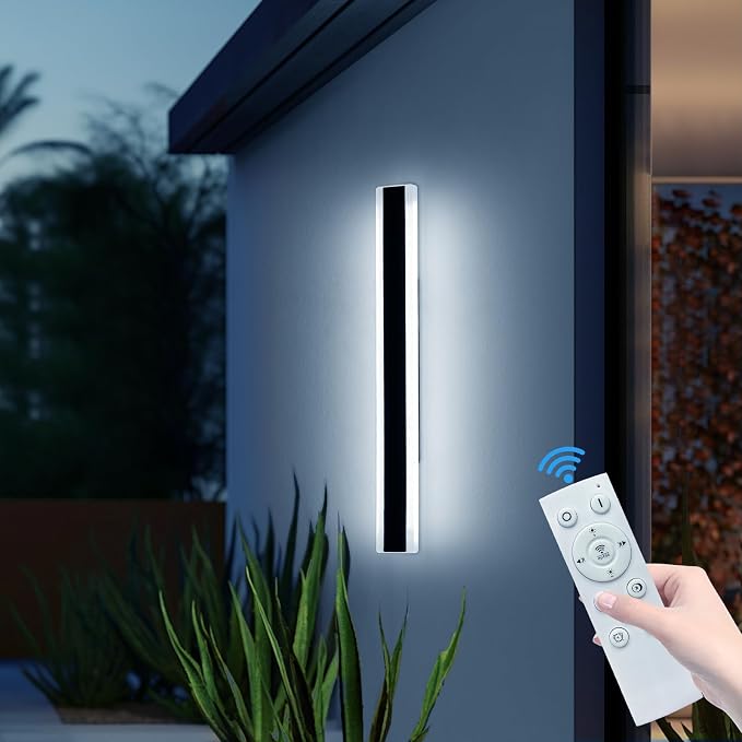 Outdoor Wall Light Fixture, 31.4inch Black Modern Linear Exterior Sconce, IP65 Waterproof Dimmable 3000K-6000K with Remote Control, Wall Mount Garage Lighting for Porch, Patio, Yard, House