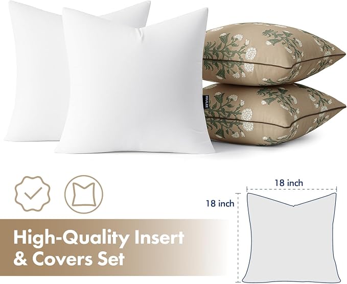 MIULEE Floral Outdoor Pillows Covers with Inserts 18x18 Brown | Set of 2 Waterproof Decorative Throw Pillows with Piping,Vintage Fade Resistant, Patio Furniture Summer Garden Couch Sofa