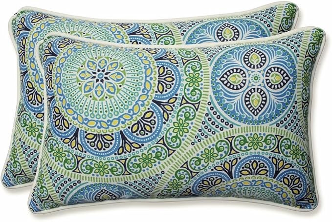 Pillow Perfect Outdoor/Indoor Pillows, Lumbar - 11.5" x 18.5", Blue Delancey Lagoon, 2 Count