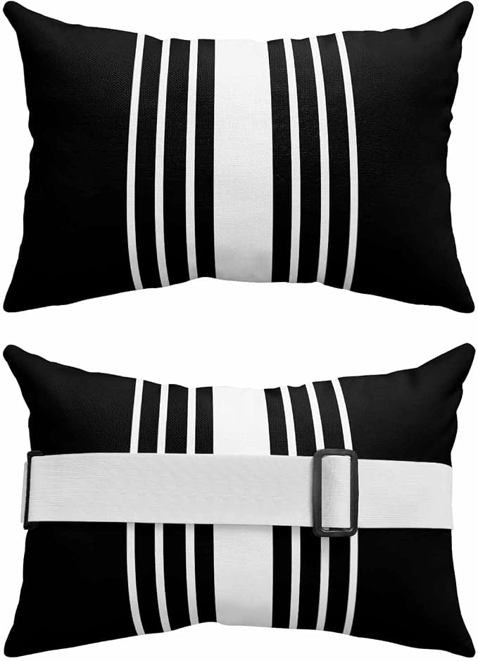 Pack of 4 Outdoor Lumbar Pillow Covers 12x20 Inch, Black White Stripe Waterproof Throw Pillow Covers Set, Modern Rustic Vertical Striped Indoor&Outdoor Decorative Cushion Cases for Patio Porch Beach