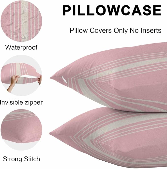 Pink Beige Striped Outdoor Pillow Covers 18x18 Inch Throw Pillow Covers Set of 2 Waterproof Decorative Pillow Cases Modern Farmhouse Retro Lines Cushion Covers for Patio Furniture Garden Couch Sofa