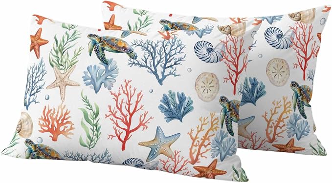 Summer Ocean Outdoor Waterproof Pillow Covers Pack of 2, Nautical Coastal Sea Turtles Shells Corals Starfish Decorative Throw Pillowcases Cushion Covers for Garden Patio Tent Sofa Couch, 20x12 inch