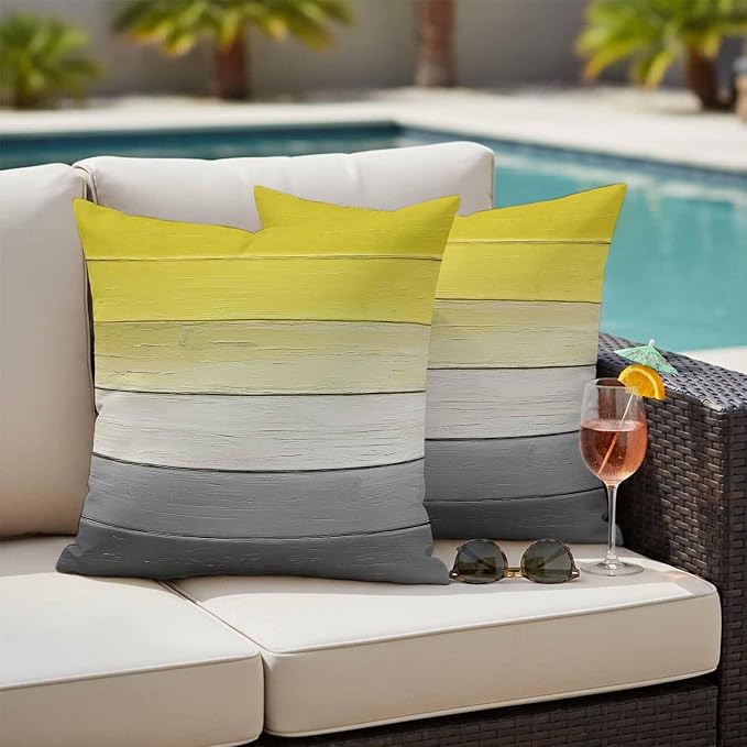 Yellow Gray Outdoor Pillow Covers 18x18 Inch Throw Pillow Covers Set of 2 Waterproof Decorative Pillow Cases Country Vintage Abstract Gradient Wooden Cushion Covers for Patio Furniture Garden Couch