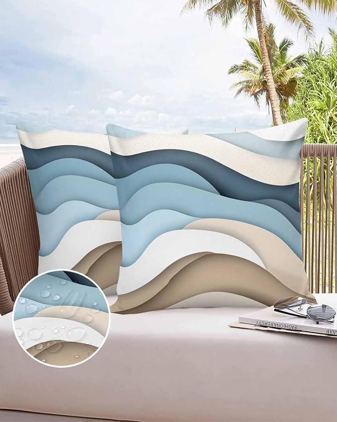 Pack of 2 Blue Brown Abstract Outdoor Pillow Waterproof Covers 20x20 inch, Gradient Water Ripple Polyester Throw Pillow Covers Garden Cushion Decorative Case for Patio Couch Decoration