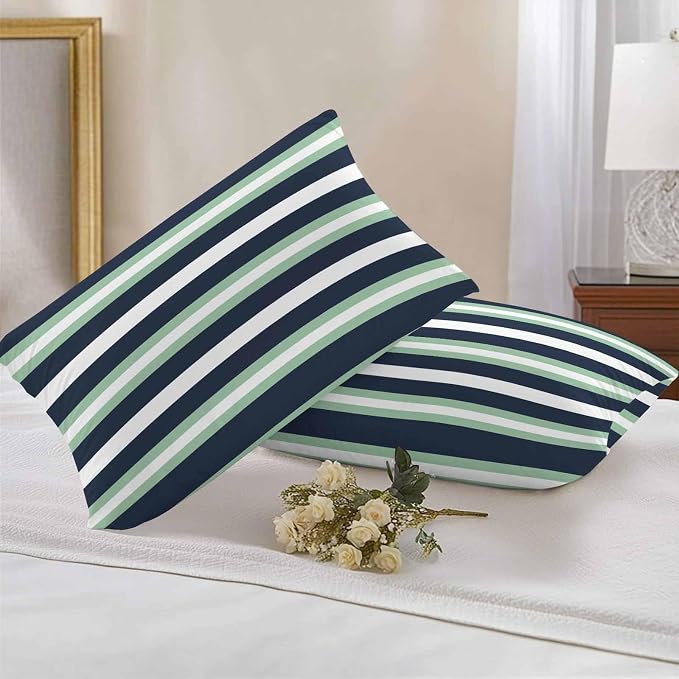 Green Navy Blue Striped Outdoor Pillow Covers Waterproof, All Weather Cushion Case Set of 2, Chic Abstract Lines Geometric Lumbar Pillowcase for Sofa Couch Bed Decor Patio Furniture 20"x12"