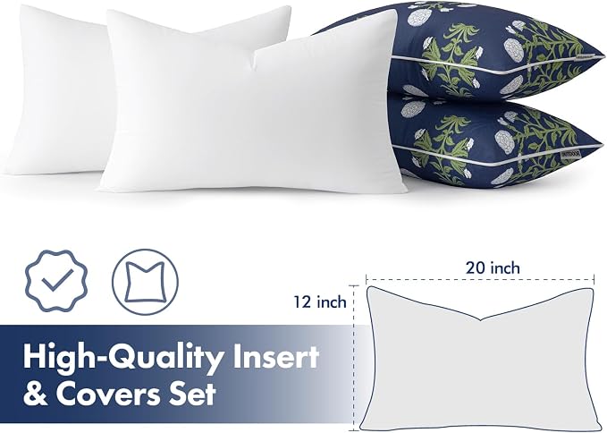 MIULEE Floral Outdoor Lumbar Pillow Covers with Inserts 12x20 Navy Blue | Set of 2 Waterproof Decorative Throw Pillows with Piping,Vintage Fade Resistant, Patio Furniture Summer Garden Couch Sofa