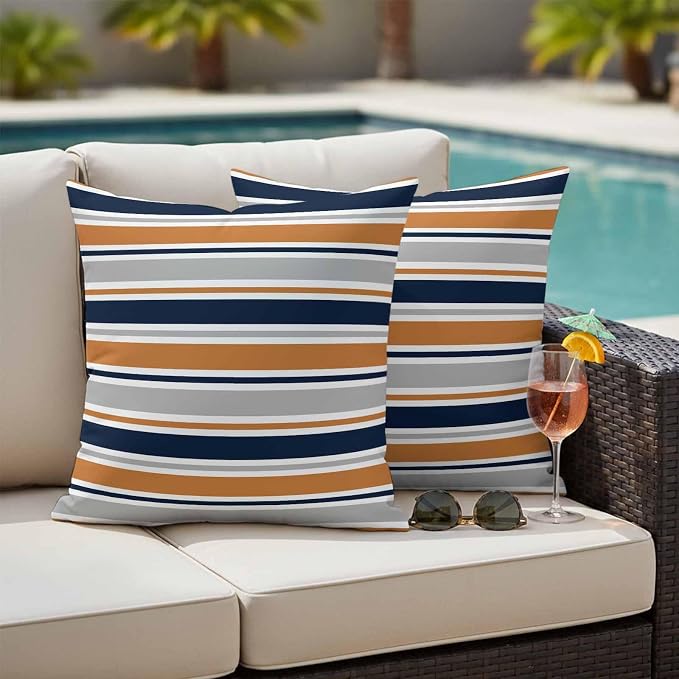 Outdoor Pillow Covers 26 x 26 Inches, Orange Grey Striped Waterproof Throw Pillow Cover Set of 2, Farmhouse Stripes Modern Abstract Art Decorative Square Cushion Covers for Patio/Couch/Garden