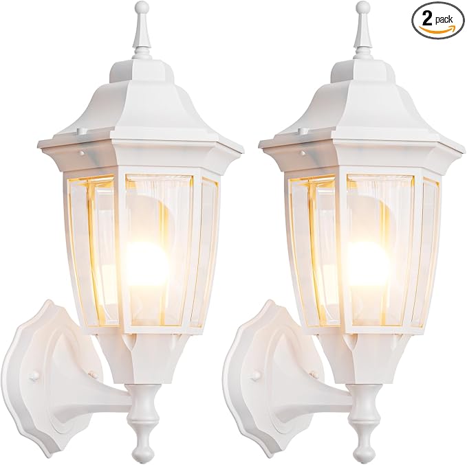 EMART Outdoor Front Porch Light with Bulb, Wall Lamp Fixture(2 Pack, White) | Exterior Anti-Corrosion, Waterproof Aluminum & Glass Shades, Modern Sconce Lantern for Outside, House, Garage