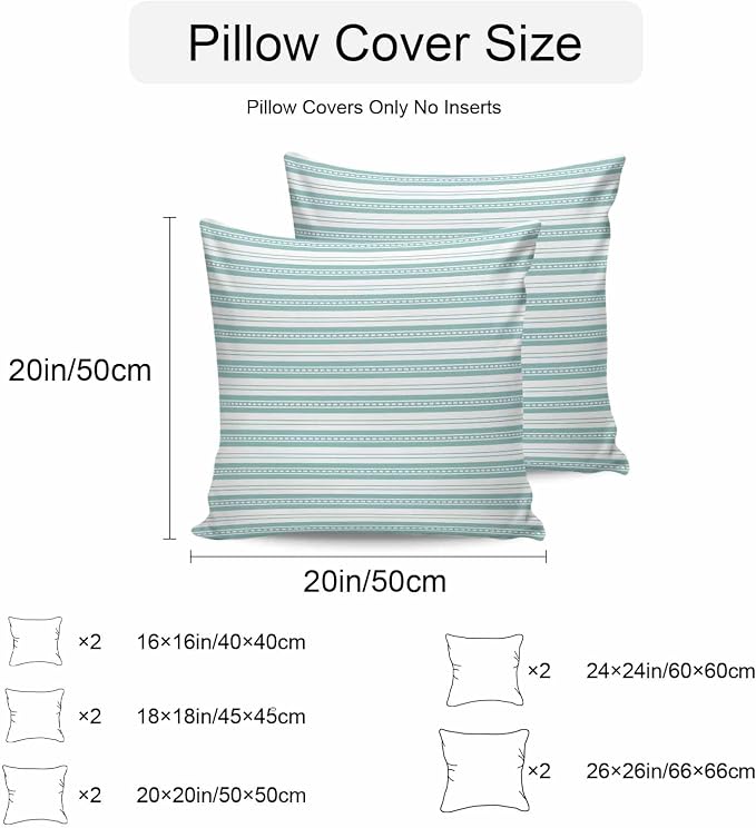 Boho Turquoise Stripe Waterproof Outdoor Pillow Covers Set of 2 Home Decor, Abstract Geometric White Minimalist Pillowcase Patio Pillow Covers for Couch Bench Furniture Garden 16x16in