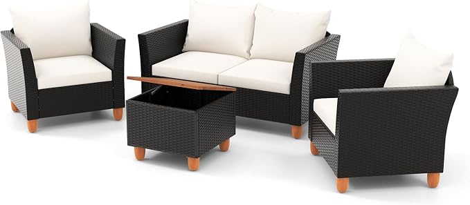 Tangkula 4 Piece Outdoor Conversation Set, Patio Cushioned Chairs w/Storage Coffee Table, Acacia Wood Tabletop & Chair Legs, Patio Wicker Furniture Set for Poolside, Lawn, Porch (1, Off White)