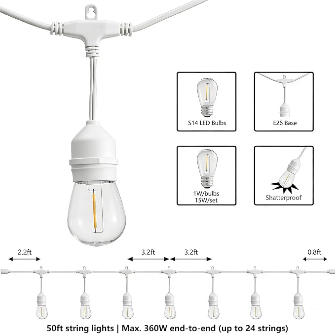 SUNTHIN 50FT Outdoor White String Light with 16 1W LED Shatterproof Filament Bulb for Patio Lights, Backyard, Porch, Party Lights
