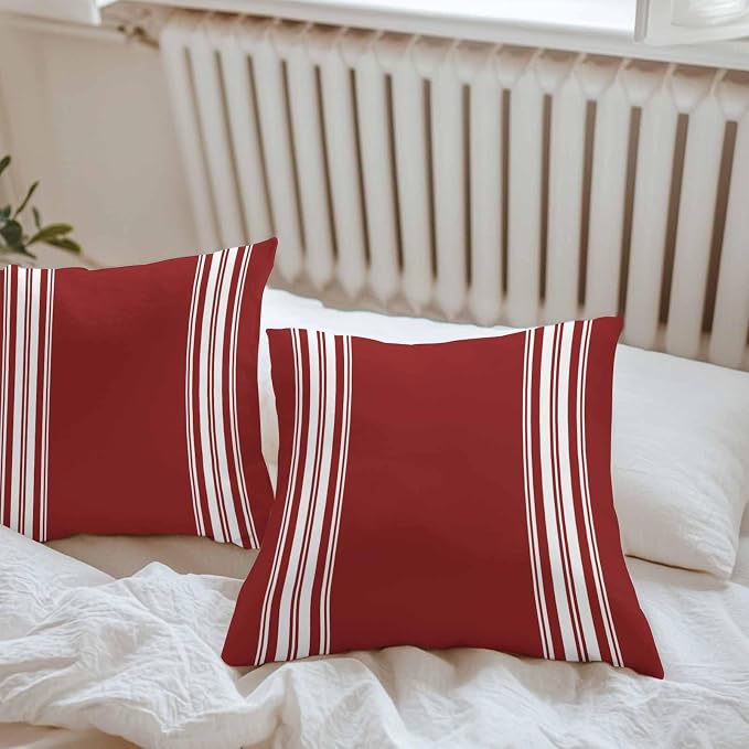 Outdoor Pillow Covers 20x20 Set of 2 Burgundy Red Stripe Outdoor Pillows Waterproof Throw Pillow Covers French Stripe Farmhouse Style Pillowcases Decorative Case for Patio Cushion