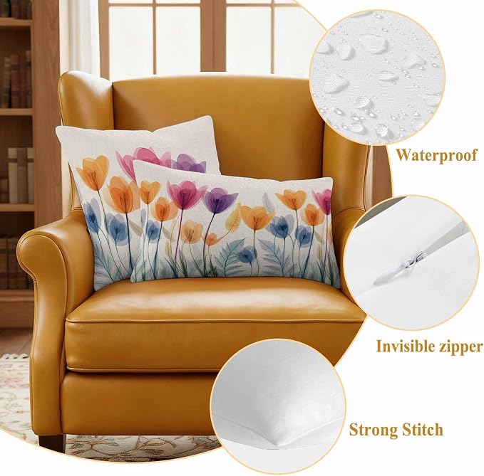Spring Outdoor Waterproof Throw Pillow Covers Set of 2, 16"x16", Floral Cartoon Multicolor Tulips Leaf Retro Decorative Pillow Covers Outside Cushion Case for Patio Porch Garden