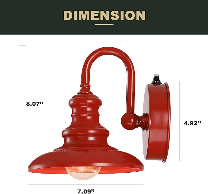 Dusk to Dawn Sensor Outdoor Gooseneck Barn Light Fixture Red | Exterior Wall Sconce Lighting Rustic Outside Porch Lantern Farmhouse Wall Mount Lamp for House Garage Patio