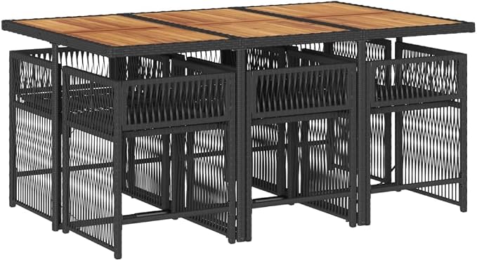 7 Piece Outdoor Dining Set for 6 with Acacia Wood and Poly Rattan, Black and Cream White, Foldable Patio Furniture with Removable Cushion Covers
