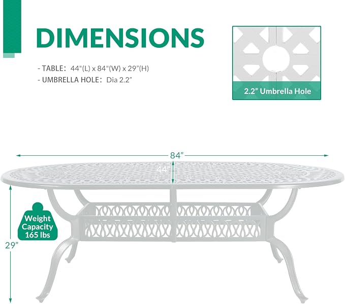 VIVIJASON Large Patio Dining Table, Outdoor Oval Dining Table Fits for 6-8 Person, White Cast Aluminum Rustic Patio Table with Umbrella Hole for Balcony, Porch and Deck