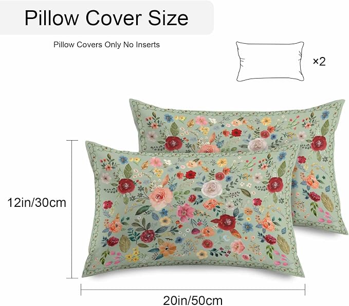 Vandarllin Outdoor Throw Pillows Covers 20x12 inch Set of 2 Waterproof Sage Green Floral Decorative Zippered Cushion Covers for Patio Furniture, Farmhouse Vintage Flower Lumbar Pillowcases
