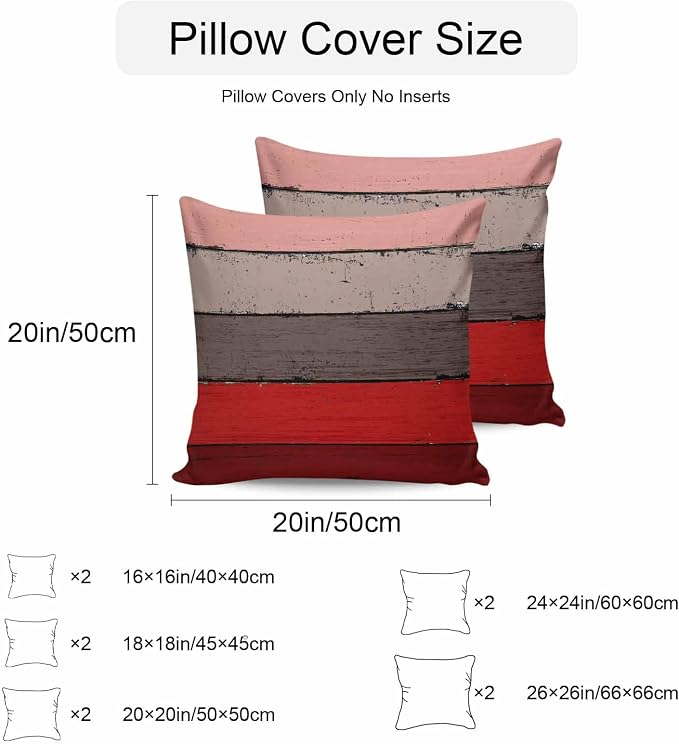 Outdoor Throw Pillow Covers 24X24 Set of 2 Waterproof Ombre Christmas Red Brown Decorative Zippered Cushion Covers for Patio Furniture, Farmhouse Retro Rustic Barn Wood Texture Lumbar Pillowcases