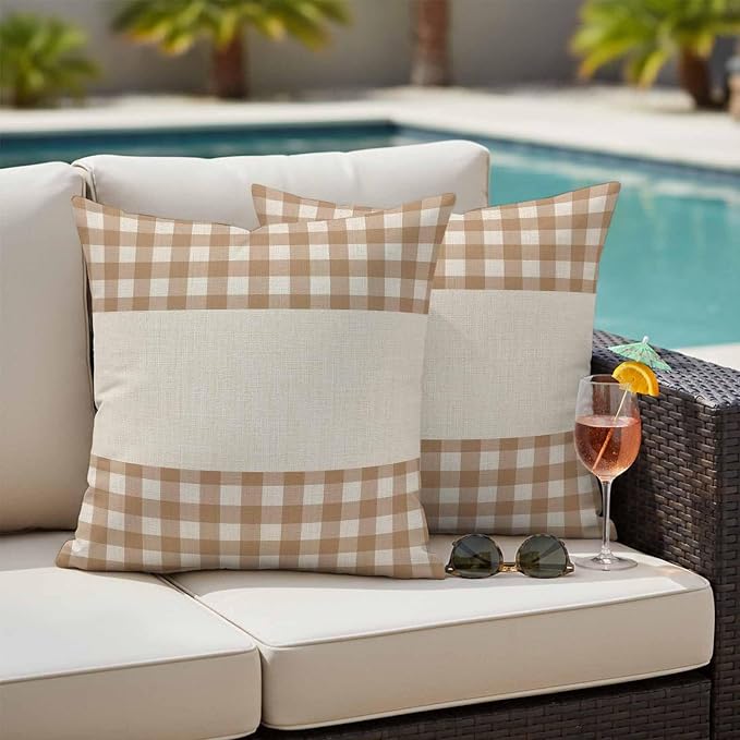 Retro Brown Outdoor Waterproof Pillow Covers, Farmhouse Buffalo Plaid Vintage Beige Decorative Square Throw Pillowcase Sofa Cushion Sham for Patio/Couch/Chair, 16"x16" 2 Pack
