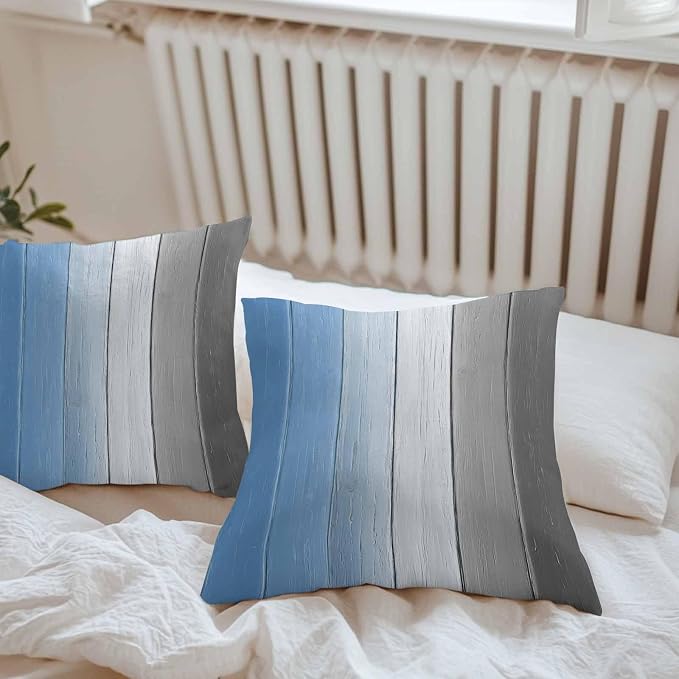 Throw Pillow Covers 16x16 Inch Set of 2, Blue Gray Ombre Waterproof Outdoor Cushion Covers, Vintage Country Wooden Decorative Pillowcases for Couch, Sofa, Bed, Garden, Patio