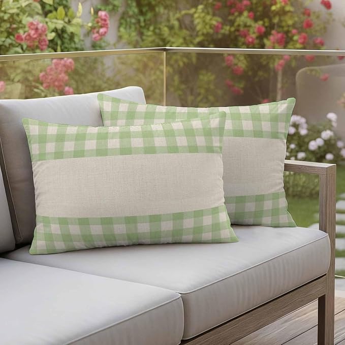 Retro Green Outdoor Waterproof Pillow Covers, Farmhouse Buffalo Plaid Vintage Beige Decorative Rectangle Throw Pillowcase Sofa Cushion Sham for Patio/Couch/Chair, 20"x12" 2 Pack