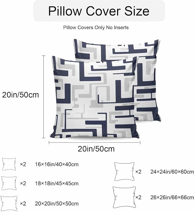 Vandarllin Outdoor Throw Pillows Covers 18x18 inch Set of 2 Waterproof Navy Blue Geometric Stripes Decorative Zippered Cushion Covers for Patio Furniture, Modern Abstract Lines Lumbar Pillowcases