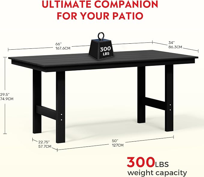 Costaelm Outdoor Patio Table, Outdoor Dining Table for 6, Weather Resistant Rectangle Patio Table with Umbrella Hole for Outside, Garden, Poolside, Porch, Black