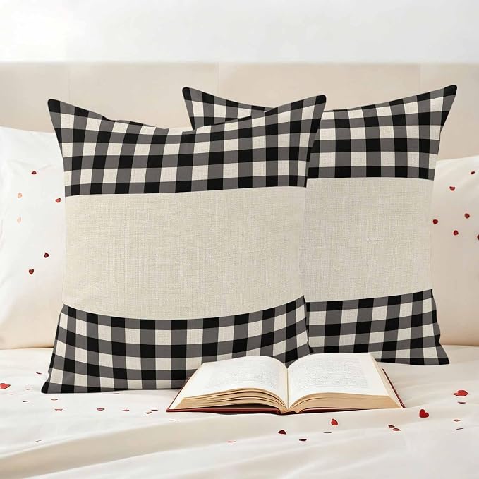 Retro Black Outdoor Waterproof Pillow Covers, Farmhouse Buffalo Plaid Vintage Beige Decorative Square Throw Pillowcase Sofa Cushion Sham for Patio/Couch/Chair, 26"x26" 2 Pack