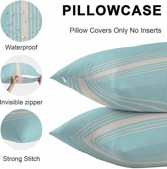 Aqua Beige Striped Outdoor Pillow Covers 20x20 Inch Throw Pillow Covers Set of 2 Waterproof Decorative Pillow Cases Modern Farmhouse Retro Lines Cushion Covers for Patio Furniture Garden Couch Sofa