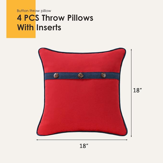 Outdoor Sunbrella Decorative Pillows with Triple Coconut Buttons Pack of 4, 18" x 18" Outdoor Pillow Set for Couch Bed Throw Patio Sofa, Canvas Logo Red/Specrtum Indigo