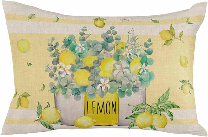 Eucalyptus Leaves Outdoor Pillow Covers Pack of 2, Yellow Stripes Vase Lemon Waterproof Pillow Covers Seasonal Spring Summer Throw Pillowcase for Patio Funiture Garden Tent, 12 x 20 inch