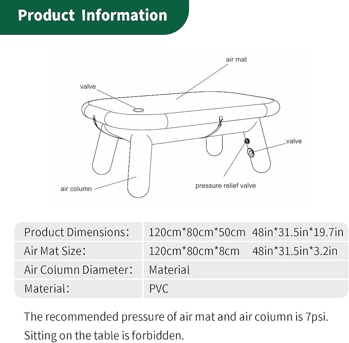 PlayDo Air Chair and Table Portable Blow Up Picnic Table Inflatable Camp Seats with Back Durable Camping Outdoor Furniture Lightweight Waterproof Stool with Back Support (Table)