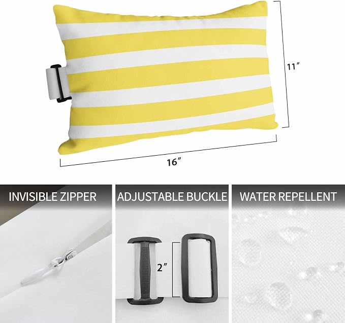 Modern Stripes Lines Outdoor Head Pillows for Recliner Lounge Chair,Pack of 1 Waterproof Throw Pillow Cushion Cases with Insert&Elastic Strap,Yellow and White Neck Pillow for Patio Beach