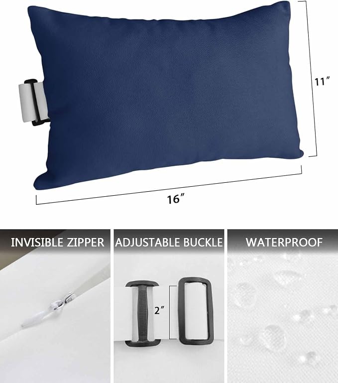 Outdoor Pillows Covers with Inserts Navy Blue Solid Color Waterproof Pillow with Adjustable Strap Throw Pillows for Patio Furniture Pool Lounge Chair, 11x16 Inch, 1PCS