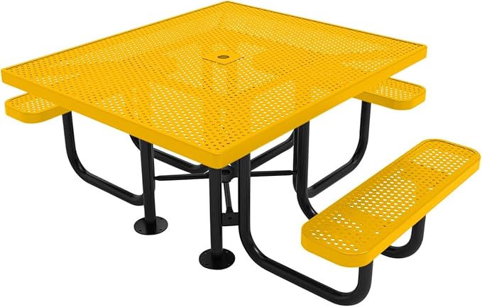 COATEDOUTDOORFURNITURE Heavy-Duty Portable ADA-Compliant Outdoor Picnic Table with Umbrella Hole, Punched Steel Patio Dining Furniture Made in America (46" Square Top, Textured Yellow)
