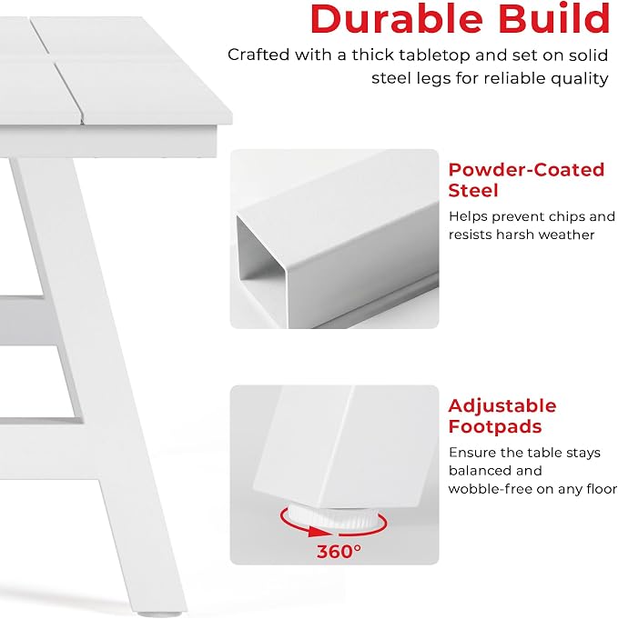 Costaelm Rectangle Patio Table, 8-Person Backyard Table 90" HDPE Dining Table with Umbrella Hole and Metal Frame for Outside, Garden, Poolside, Deck, Porch, Balcony, White