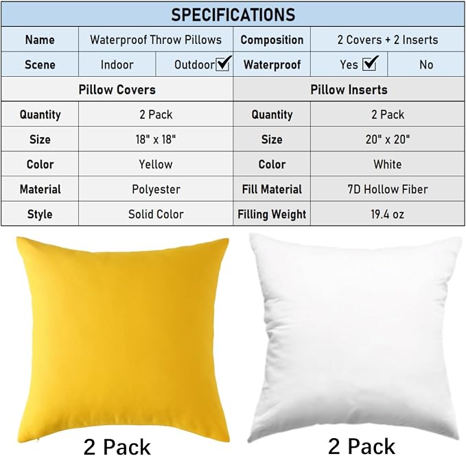 Outdoor Throw Pillows with Inserts, Waterproof Pillows for Outdoor Seating, Square Decorative Garden Cushion for Patio Furniture, Bed, Couch, Sofa(Yellow, 18" x 18" (Pack of 2))