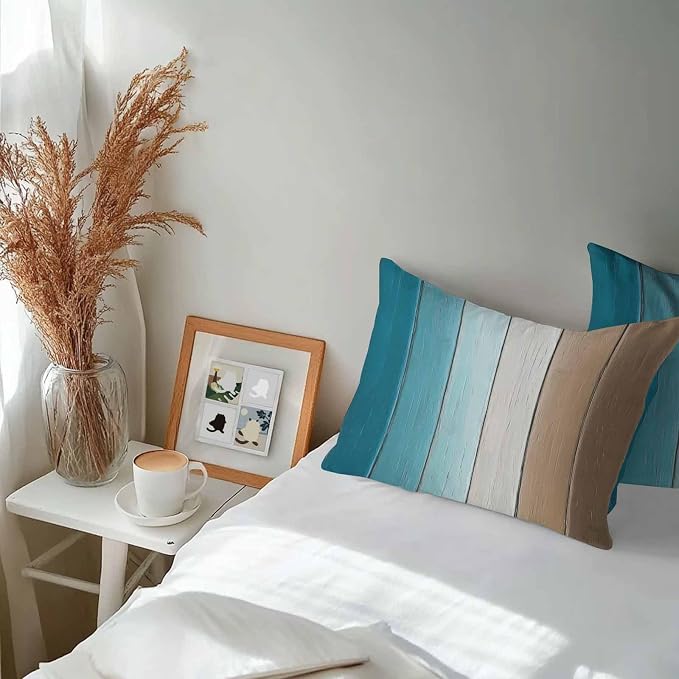 Lumbar Pillow Covers 20x12 Inch Set of 2, Teal Brown Ombre Waterproof Outdoor Cushion Covers, Vintage Country Wooden Decorative Pillowcases for Couch, Sofa, Bed, Garden, Patio