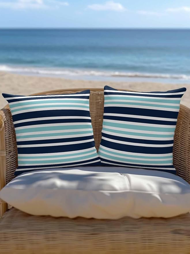 Outdoor Waterproof Throw Pillows Nautical Navy Blue Contrast Stripe Patio Pillows Pack of 2,Decorative Pillow Covers with Insert,Pillow Cushion Case for Garden Couch Sofa Modern Minimalist Line
