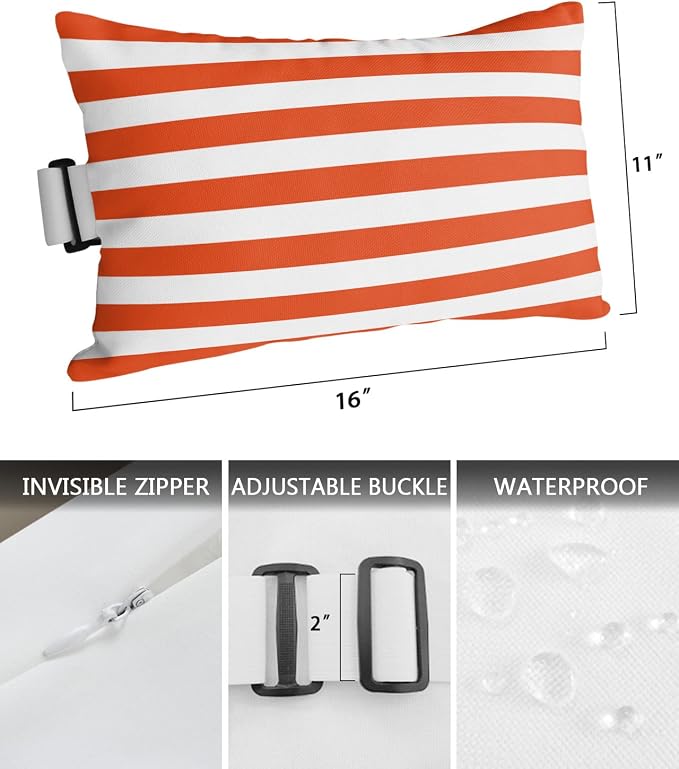T&H XHome Outdoor Pillow for Chaise Lounge Chair, Orange and White Stripes Waterproof Headrest Pillow Lumbar Pillows with Adjustable Elastic Strap for Beach, Poolside, Patio, Office (2 Pack)
