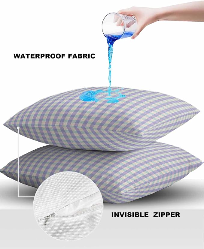 Outdoor Waterproof Throw Pillow Covers Set of 2 Purple Buffalo Plaid Pillowcases 18x18 Inches Linen Classic Checked Patio Decorative Pillows Cushion Case Patio Pillows for Couch Bed Chair Garden
