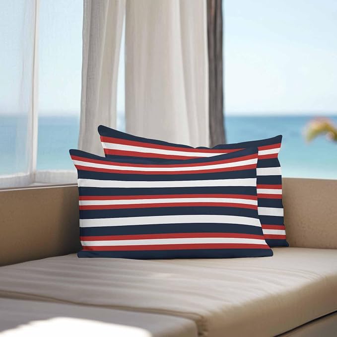 Red Navy Blue Striped Outdoor Pillow Covers Waterproof, All Weather Cushion Case Set of 2, Contemporary Minimalist Aesthetic Lumbar Pillowcase for Sofa Couch Bed Decor Patio Furniture 20"x12"