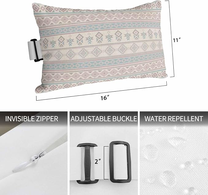 Outdoor Lumbar Pillow Set of 2, Blue Grey Boho Striped Waterproof Beach Headrest Pillow with Inserts, Southwestern Ethnic Tribe Vintage Recliner Throw Pillows for Patio Furniture, 12 x 20
