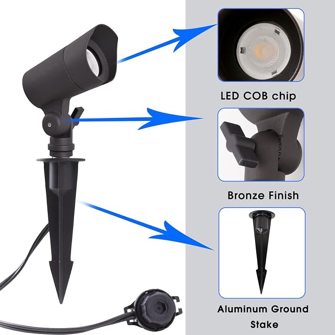 E ENERGETIC LIGHTING LED Landscape Lights with Connectors, 12V Low Voltage, Warm White 3000k, 4W, 175LM, Outdoor Waterproof Garden Pathway Lights Wall Tree Flag Spotlights with Spike Stand, 10 Pack