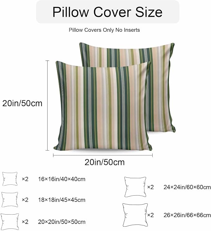 Green Brown Striped Outdoor Pillow Covers 24x24 Inch Throw Pillow Covers Set of 2 Waterproof Decorative Pillow Cases Modern Stripes Art Farmhouse Cushion Covers for Patio Furniture Garden Couch Sofa
